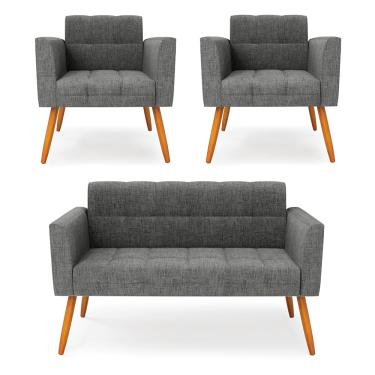 Imagem de Kit 1 Sofá Namoradeira e 2 Poltronas Elisa Linho Grafite A26 Pés Palito Castanho D03 - D'Rossi