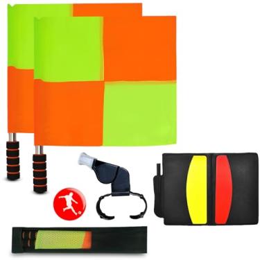 Imagem de Bandeiras de árbitro de futebol, 2 peças com bandeiras quadriculadas, cartões vermelhos/amarelos, apito, moeda flip e caderno de referência - Kit completo de árbitro assistente para jogo de futebol