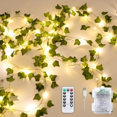 Imagem de Alabeila Nest Videiras de plantas falsas, guirlanda de hera artificial de 10 metros, 100 LEDs, com luzes de fada, para casa, sala de estar, quarto, arte de parede, estética, escritório, café, festa de