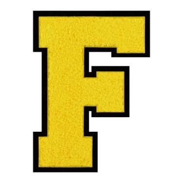 Imagem de 1 PÇ Patch de letra de chenille amarelo de 15 cm com borda preta – Remendos do alfabeto para roupas, jaquetas, mochilas, chapéus para decoração personalizada, nome personalizado e artesanato. (F)