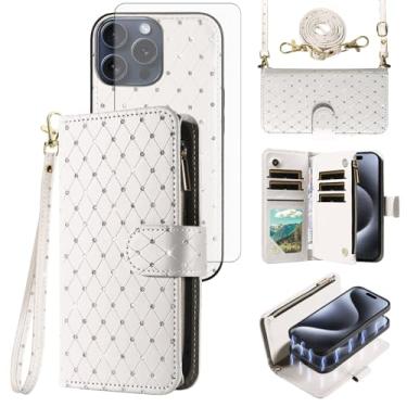 Imagem de Asuwish Capa carteira compatível com iPhone 15 Pro de 6,1 polegadas com zíper e protetor de tela de vidro temperado, alça transversal com glitter flip porta-cartões, capa para celular para celular i