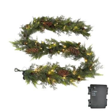 Imagem de Sunny Bay Atelier, Guirlanda natural de 2,5 m com 50 luzes de LED brancas quentes com função de temporizador | Cedro realista e vegetação mista, para porta da frente, cornija e decoração de casa