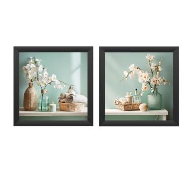 Imagem de kit 2 quadros decorativos banheiro, lavabo, toalete, flores, cyan, vasos, moldura e vidro 18x18 cm(Preto)