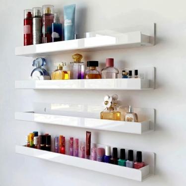 Imagem de RORKIM Pacote com 4 prateleiras de acrílico brancas de 38 cm, estante flutuante para quarto de crianças, prateleira moderna de esmalte, óculos de sol, imagem de óleo essencial, exibição de borda