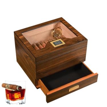 Imagem de HGTRH Umidor de charuto, umidificador de madeira de cedro com gaveta para 40 charutos higrômetro e umidificador de vidro superior