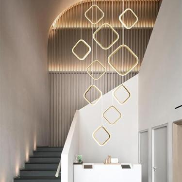 Imagem de Lustre LED moderno, lustre grande para hall de entrada, 15 anéis de alumínio, luminária pendente dimerizável para teto alto com controle remoto, altura ajustável, luminária suspensa para esc