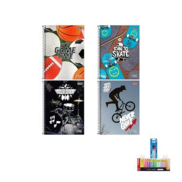Imagem de Kit Caderno Universitário Vibe Masc 10M 160F Tilibra + Caneta Spiro 0.7mm + Marca Texto Boss 15 Cores