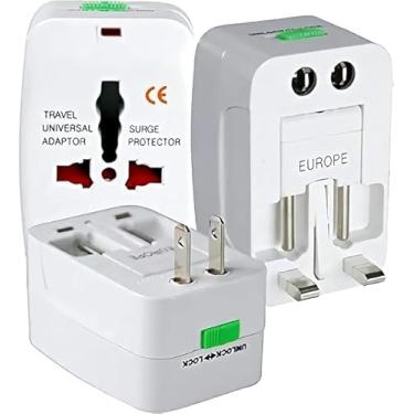 Imagem de kit com 2 Un Adaptador de Tomada Universal Para Viagem Padrão Internacional Europa UK Asia EUA JP AU EU Europeu 3 Pinos Mais de 150 Países Bivolt Trava de Segurança Portátil Ajustável Super PREMIUM