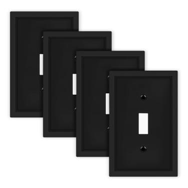 Imagem de Placa decorativa preta fosca para interruptor de luz, capas clássicas de placa de interruptor único, placas de parede de fibra de bambu natural para banheiro e cozinha - pacote com 4