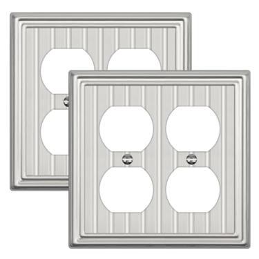 Imagem de Placa de parede de metal para tomadas elétricas, placa decorativa de níquel escovado, capa de interruptor de luz, placas de parede de 2 gangs (tomada dupla dupla, pacote com 2)