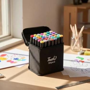 Imagem de Conjunto De Canetinhas Coloridas Tipo Marcador Permanente Com Duas Pontas Ideal Para Desenho Profissional Escolar E Ilustração Acompanha Estojo Organizador (36 Cores)