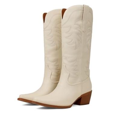 Imagem de Erocalli Bota feminina caubói de cano médio com bico fino, salto grosso, bota ocidental, 1 Bege, 35