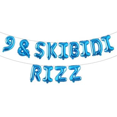 Imagem de 9 & Skibidi Rizz Faixa de balão com glitter multicolorido - suprimentos, ideias, presentes e decorações para festa de 9 anos (9 e SKIBIDI RIZZ Blue)