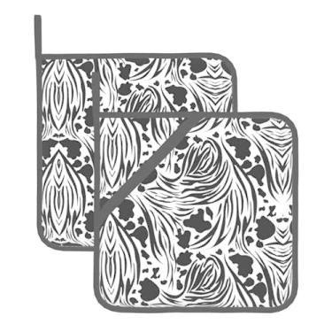 Imagem de Conjunto de tapetes quadrados resistentes ao calor com estampa de zebra de vaca, 2 peças antiderrapantes com alças para pendurar, para balcão de cozinha e proteção de mesa de jantar.