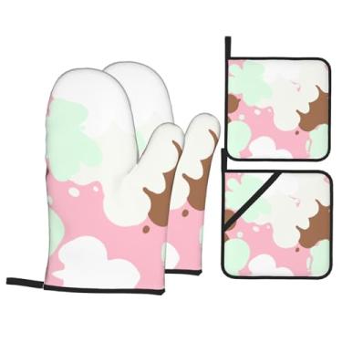 Imagem de Conjunto de luvas de cozinha com estampa de flores e suportes de tampa, luvas de forno resistentes ao calor para manusear panelas quentes, grelhar, churrascos, kit de 4 peças.