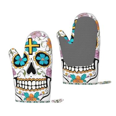 Imagem de Luvas de forno de silicone resistentes ao calor impressas com estampa de caveira, aderência antiderrapante, uso para grelhar e cozinha (pacote com 2)