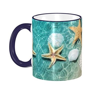 Imagem de Ourdovi Caneca de café expresso de cerâmica com padrão estrela do mar e conchas, caneca de cerâmica revestida DIY, para café, sopa, chá, leite, latte, cacau quente, colorido divertido 340 g.