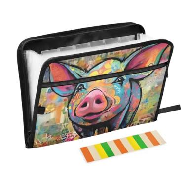 Imagem de Wassud Happy Pig Painting Organizador de arquivos sanfonado com 13 bolsos, pastas expansíveis com abas e adesivos, papel tamanho carta A4, recibo de papel, organizador de pastas de documentos para