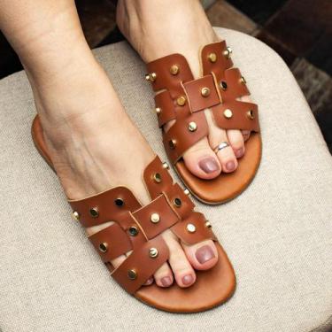 Imagem de Sandália Feminina Rasteira Flat Rasteirinha Enfeite Metal Brilho - Bre