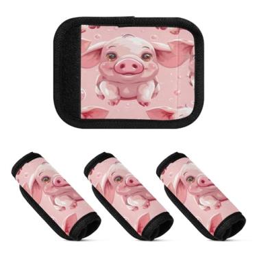 Imagem de Qilmy Pacote com 4 identificadores de bagagem de porco de desenho fofo com alça confortável para carrinho de bebê, mala de viagem, acessórios de viagem de avião2196