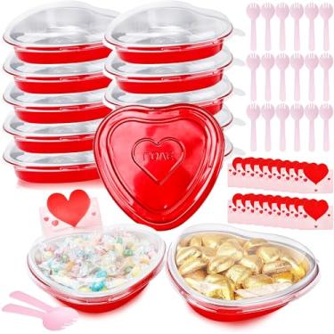 Imagem de Conagel Pacote com 30 formas de bolo em forma de coração com tampas, formas de bolo de coração de alumínio com colheres e cartões, recipientes de ramequins vermelhos, forros, latas para festas de