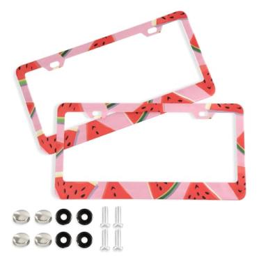 Imagem de CEBUGI Pacote com 2 molduras de placa de carro de alumínio capas de moldura de placa de carro com 2 furos fatia de melancia acessórios automotivos para placas dianteiras e traseiras orifício elíptico
