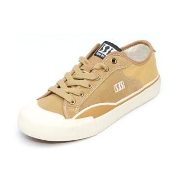 Imagem de SEW BY SOU Tênis de skate masculino de couro cano baixo profissional para treinamento de skate casual, Bege e amarelo, 38