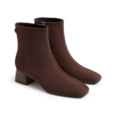 Imagem de Coutgo Bota feminina de cano baixo, salto grosso, bico quadrado, zíper lateral, vestido de inverno, Marrom chocolate, 37