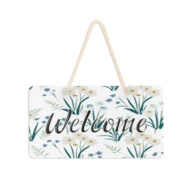 Imagem de Burbuja Placa de boas-vindas com flores de prímulas brancas para porta da frente, placa de boas-vindas de PVC para decoração de férias de casa de fazenda, 15 x 28 cm