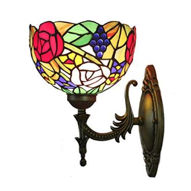 Imagem de Arandela de parede estilo Tiffany com rosas e uvas, feita à mão em vitral, luminária de parede vintage para quarto, cabeceira, sala de estar, corredor e varanda, 20 cm (8 polegadas)