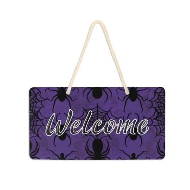 Imagem de Burbuja Placa de boas-vindas preta em teias roxas para porta da frente, placa de boas-vindas de PVC para decoração de férias de casa de fazenda, 15 x 28 cm