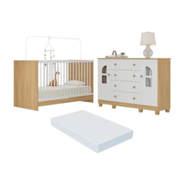 Imagem de Berço 3 em 1 com Colchão Incluso e Cômoda 2 Portas 4 Gavetas Nina Multimóveis Mp4772 Madeirado/branco