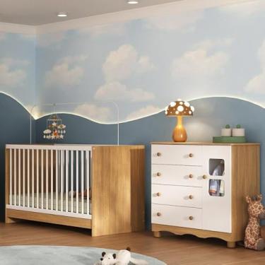 Imagem de Berço 3 em 1 para Colchão 130x60cm com Cômoda 1 Porta 4 Gavetas Luna Multimóveis Mp4742 Madeirado/branco