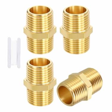 Imagem de CoCud Pacote com 4 acessórios para tubos de latão, 1/5.1 cm MNPT para 1/5.1 cm macho NPT latão hexagonal com fita de vedação, redutor adaptador de tubo macho para ar, óleo, LP, gás