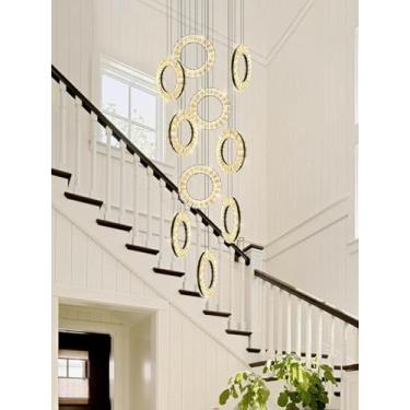 Imagem de Lustre moderno de cristal com 10 anéis, luminária pendente longa para escada, LED, para sala de estar, com controle remoto, luminária suspensa para hall de entrada com pé direito alto, anel