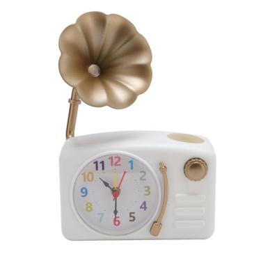 Imagem de Greensen Despertador Gramofone Vintage, Relógio de Mesa Retrô Com Design Clássico de Fonógrafo, Operado por Bateria para Decoração de Quarto, Escritório ou Casa (WHITE)