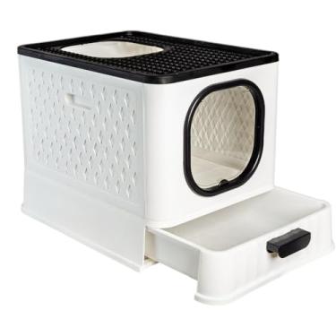 Imagem de Caixa de Areia Fechada para Gatos Luxo com Porta Transparente, Gaveta Removível, Pá e 2 Comedouros – Banheiro Higiênico Anti-Sujeira(SB LUXO - BRANCO)