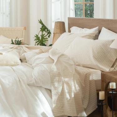 Imagem de MooMee Conjunto de lençóis listrados, 100% algodão lavado, linho, texturizado, respirável, durável, macio e confortável (listras largas cinza leite amêndoa, branco, queen)