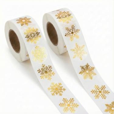Imagem de 2 rolos de adesivos de floco de neve de folha dourada, etiquetas autoadesivas redondas transparentes para presentes de Natal, cartões, envelopes