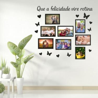 Imagem de Universo do MDF Painel Mural de Fotos de Parede com Frase, 8 Molduras 10x15cm, Borboletas e Corações, MDF Preto, 86x90cm, Moderno Contemporâneo