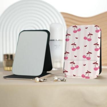 Imagem de Espelho de maquiagem portátil xadrez cereja estilo milenar, mini espelho de maquiagem portátil dobrável, espelho de contorno quadrado portátil flip independente, adequado para todos em qualquer