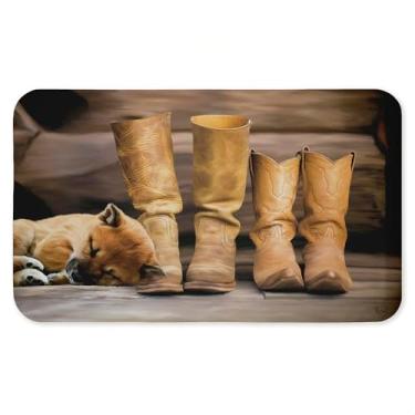 Imagem de Tapete antifadiga Sleepy Puppy & Cowboy Boots, ergonômico acolchoado para cozinha e tapete de pé com suporte antiderrapante, tapete confortável ecológico, design por Renel Peters, 76 cm x 45 cm