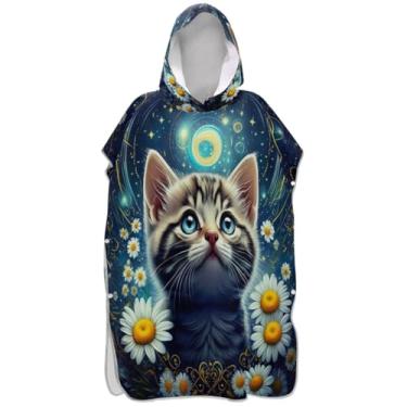 Imagem de Joisal Roupão fofo gatinho branco margarida estrelada para adultos, poncho de surfe, plus size, unissex, adulto, com capuz, toalha floral