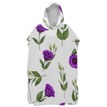 Imagem de Joisal Flores roxas folhas verdes poncho de surfe branco trocador roupão para adultos toalha de praia com capuz estampado poncho masculino vestível com capuz