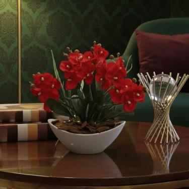 Imagem de Orquídea Artificial Arranjo Decorativo com Vaso e Casca Polida Sem Cuidados, Ideal para Sala e Escritório Perfeito para Decoradores Residenciais e Empresariais(Vermelho)