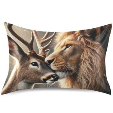 Imagem de Lion Kiss Deer Linda Fronha de Cetim King Queen Padrão Fronhas Modernas Refrigerantes Fronhas para Cama Casa, Tamanho Queen, 76 cm x 50 cm