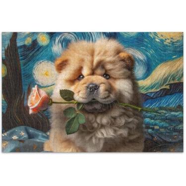 Imagem de Quebra-cabeça de cachorro Noite Estrelada Chow Chow Quebra-cabeça adulto 1000 peças Família Enigma Amantes Presentes Cena de Inverno Puzzles Pintura de Arte Floral, 75 x 40 centímetros