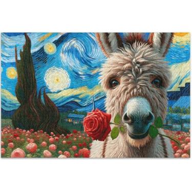 Imagem de Quebra-cabeça com flores rosas, burro, noite estrelada, 500 peças para adultos, animal, flor, arte, paisagem, quebra-cabeça engraçado, presentes, 51 x 35 cm
