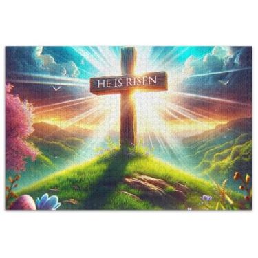 Imagem de Quebra-cabeça de 1000 peças com texto cruzado de Páscoa He is Risen para adultos, presentes tecnológicos, paisagem, estampa de animais fofos