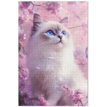 Imagem de Ragdoll Quebra-cabeça de gato flor de cerejeira rosa 1000 peças jogo adulto presentes quebra-cabeça cena outono paisagem cenário, 75 x 40 centímetros